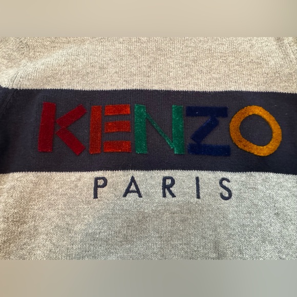 Kenzo Kids Grey Sweater with Blue Trim and colorful logo. French Designer. - Picture 2 of 4